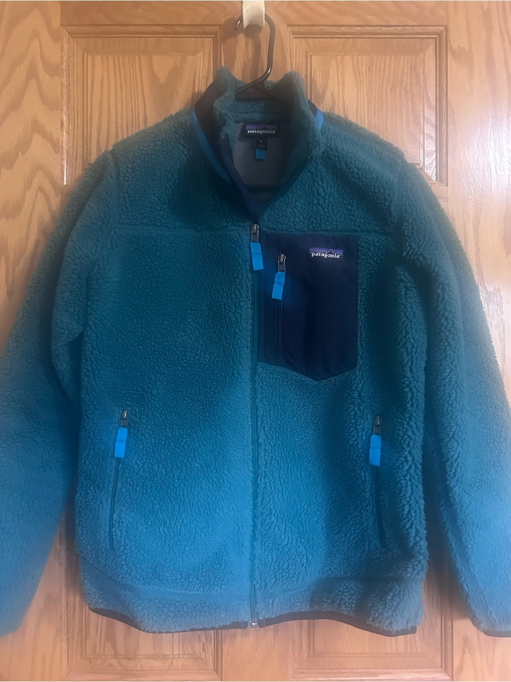 Patagonia Teal Fleece Jacket with Navy Chest Pocket and Bright Blue Accents